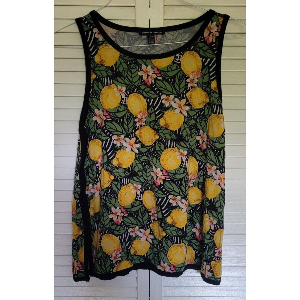 Cable & Gauge Lemon Print Sleeveless Tank Top Black Yellow Floral Size Large L